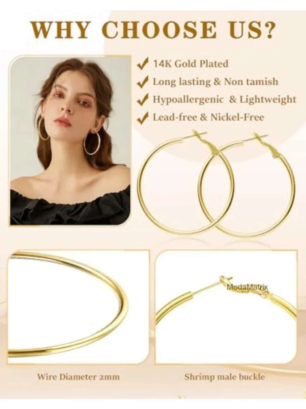 4 Pairs Silver Gold Plated Hoop Earrings Stainless Steel 30/40/50/60mm Dangle